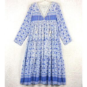 Christy Dawn Paloma Midi Dress Womens XS/S White Blue Floral Prairie Cottage USA